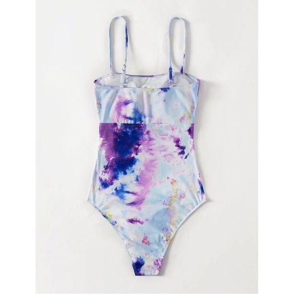 SOLD NWOT Shein Tie Dye Keyhole One Piece Swimsuit Blue Purple Size Large - Picture 5 of 14